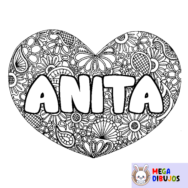 Coloraci&oacute;n del nombre ANITA - decorado mandala de coraz&oacute;n