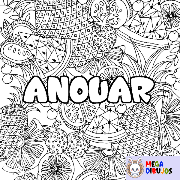 Coloraci&oacute;n del nombre ANOUAR - decorado mandala de frutas