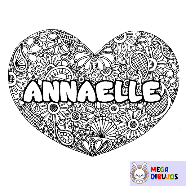 Coloraci&oacute;n del nombre ANNAELLE - decorado mandala de coraz&oacute;n