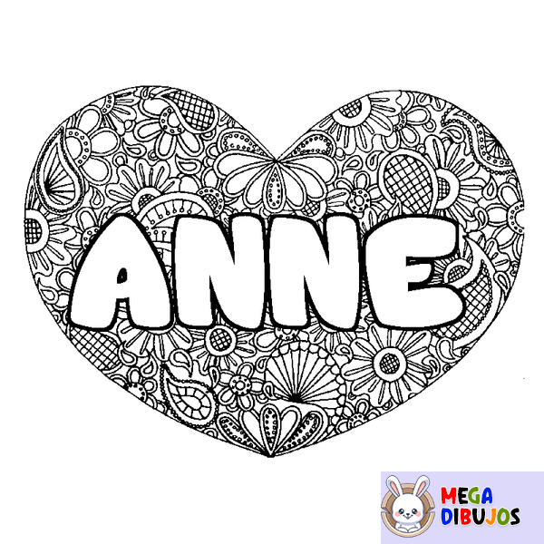 Coloraci&oacute;n del nombre ANNE - decorado mandala de coraz&oacute;n