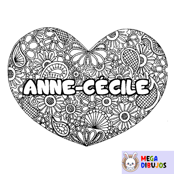 Coloraci&oacute;n del nombre ANNE-C&Eacute;CILE - decorado mandala de coraz&oacute;n