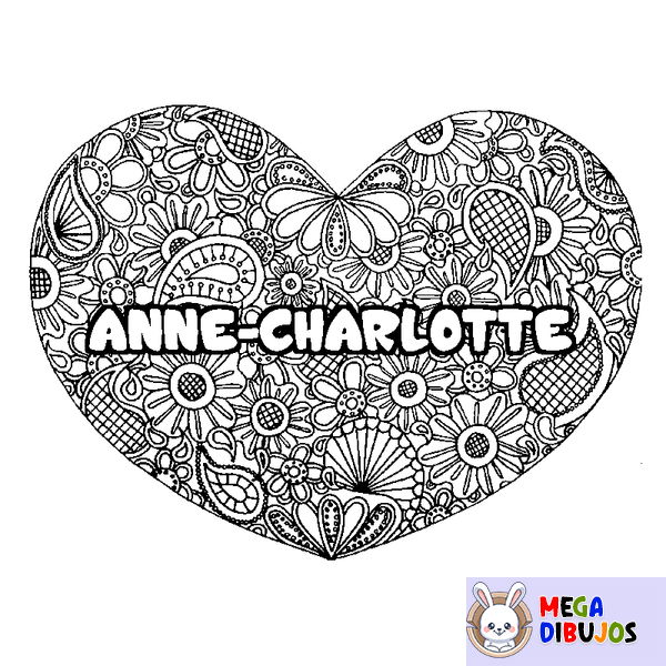 Coloraci&oacute;n del nombre ANNE-CHARLOTTE - decorado mandala de coraz&oacute;n