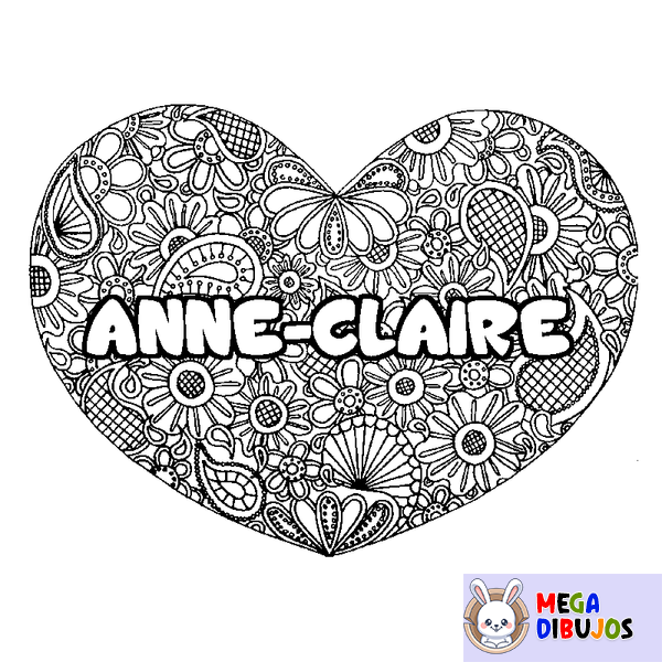 Coloraci&oacute;n del nombre ANNE-CLAIRE - decorado mandala de coraz&oacute;n
