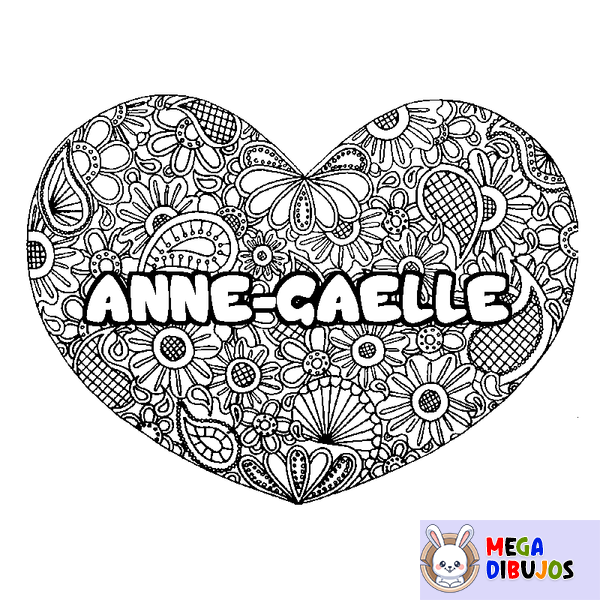 Coloraci&oacute;n del nombre ANNE-GAELLE - decorado mandala de coraz&oacute;n