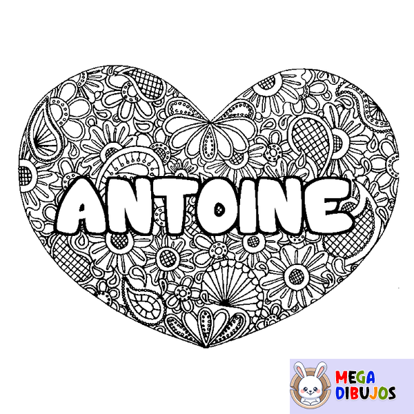 Coloraci&oacute;n del nombre ANTOINE - decorado mandala de coraz&oacute;n
