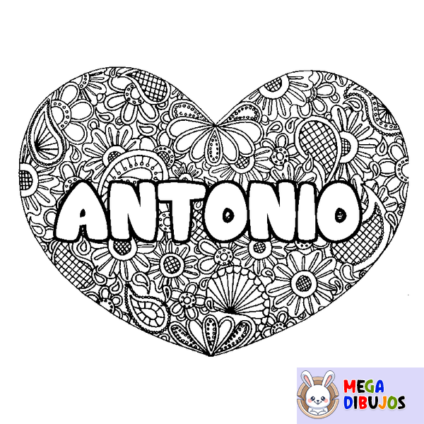 Coloraci&oacute;n del nombre ANTONIO - decorado mandala de coraz&oacute;n