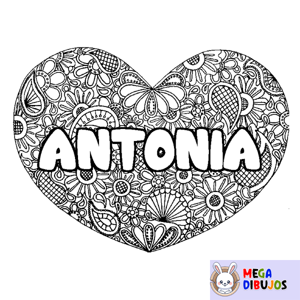 Coloraci&oacute;n del nombre ANTONIA - decorado mandala de coraz&oacute;n