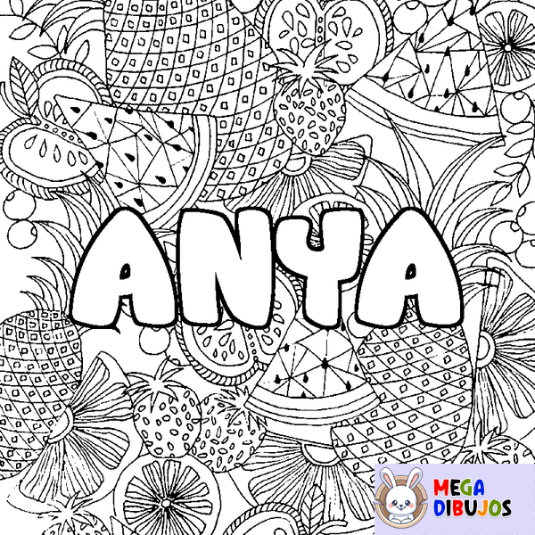 Coloraci&oacute;n del nombre ANYA - decorado mandala de frutas