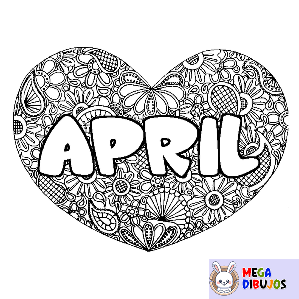 Coloraci&oacute;n del nombre APRIL - decorado mandala de coraz&oacute;n