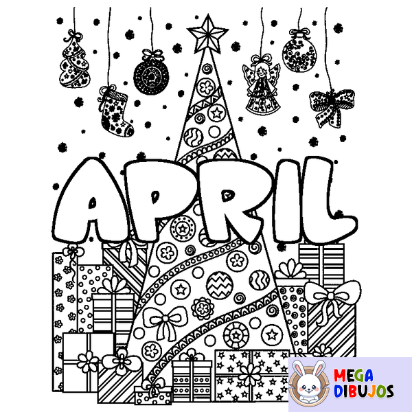 Coloraci&oacute;n del nombre APRIL - decorado &aacute;rbol de Navidad y regalos