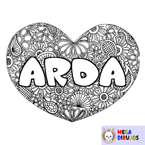 Coloraci&oacute;n del nombre ARDA - decorado mandala de coraz&oacute;n