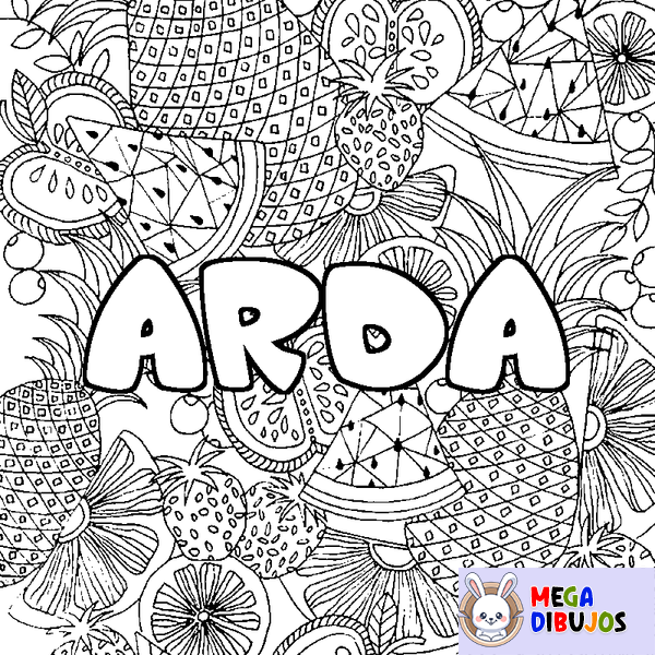 Coloraci&oacute;n del nombre ARDA - decorado mandala de frutas