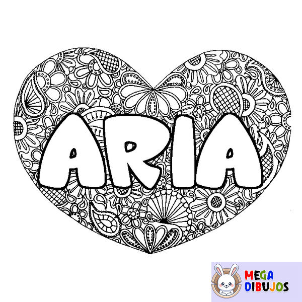 Coloraci&oacute;n del nombre ARIA - decorado mandala de coraz&oacute;n