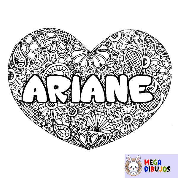 Coloraci&oacute;n del nombre ARIANE - decorado mandala de coraz&oacute;n