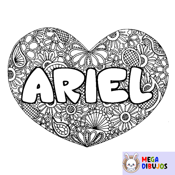 Coloraci&oacute;n del nombre ARIEL - decorado mandala de coraz&oacute;n