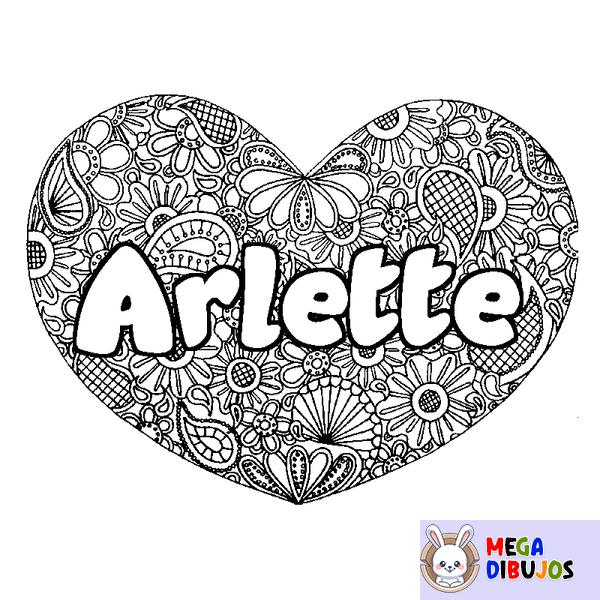 Coloraci&oacute;n del nombre Arlette - decorado mandala de coraz&oacute;n
