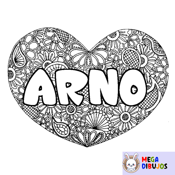 Coloraci&oacute;n del nombre ARNO - decorado mandala de coraz&oacute;n