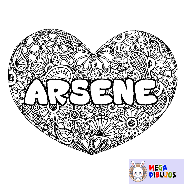 Coloraci&oacute;n del nombre ARSENE - decorado mandala de coraz&oacute;n