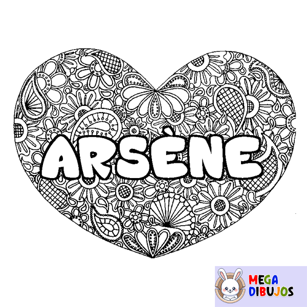 Coloraci&oacute;n del nombre ARS&Egrave;NE - decorado mandala de coraz&oacute;n