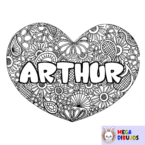 Coloraci&oacute;n del nombre ARTHUR - decorado mandala de coraz&oacute;n
