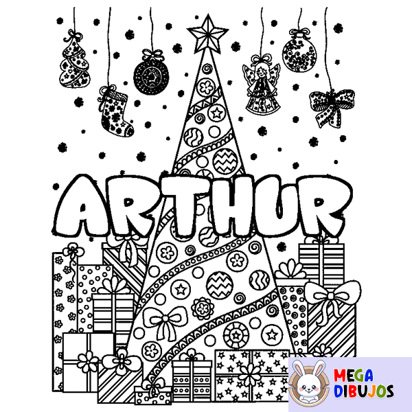 Coloraci&oacute;n del nombre ARTHUR - decorado &aacute;rbol de Navidad y regalos