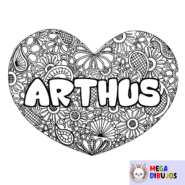 Coloraci&oacute;n del nombre ARTHUS - decorado mandala de coraz&oacute;n