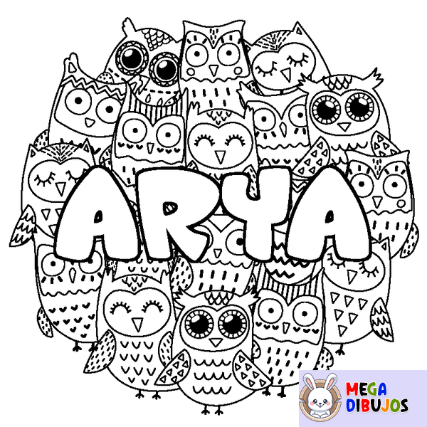 Coloraci&oacute;n del nombre ARYA - decorado b&uacute;hos