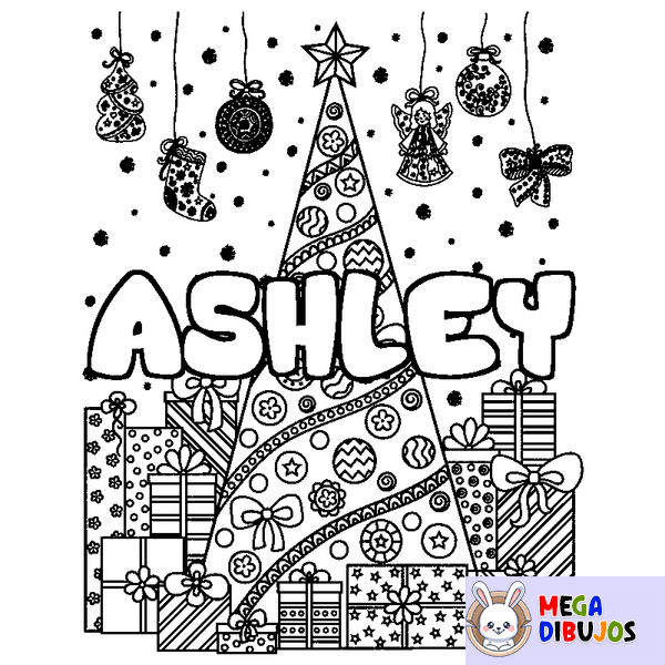 Coloraci&oacute;n del nombre ASHLEY - decorado &aacute;rbol de Navidad y regalos