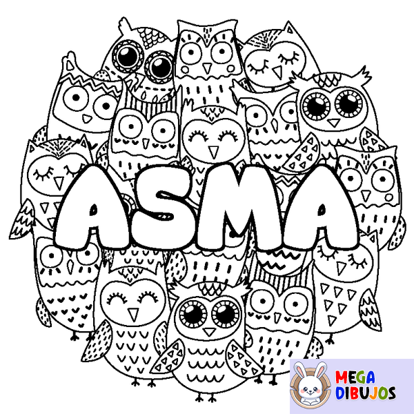 Coloraci&oacute;n del nombre ASMA - decorado b&uacute;hos