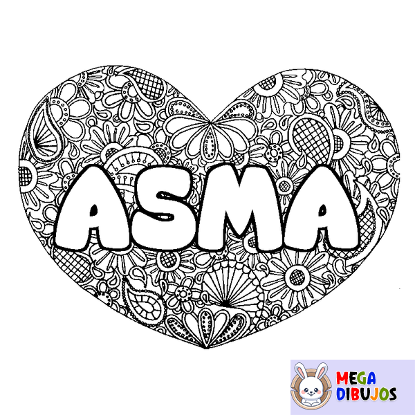 Coloraci&oacute;n del nombre ASMA - decorado mandala de coraz&oacute;n