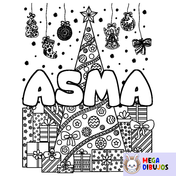 Coloraci&oacute;n del nombre ASMA - decorado &aacute;rbol de Navidad y regalos