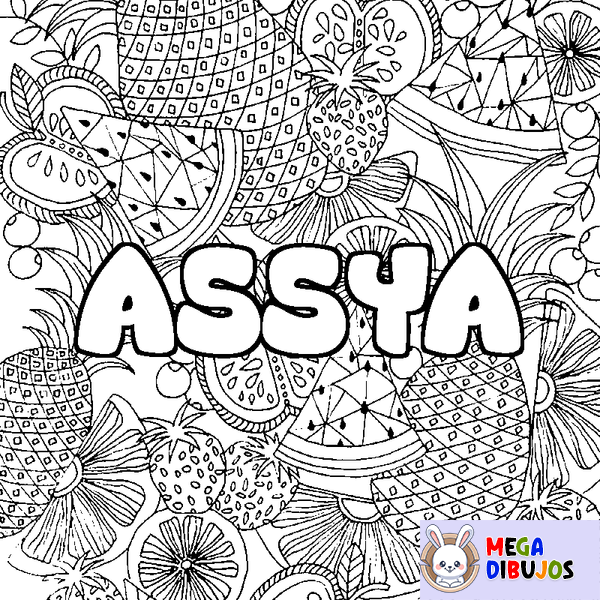 Coloraci&oacute;n del nombre ASSYA - decorado mandala de frutas