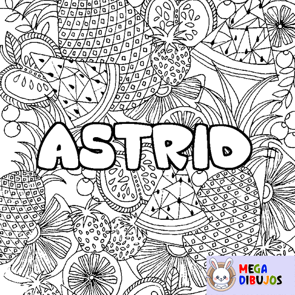 Coloraci&oacute;n del nombre ASTRID - decorado mandala de frutas