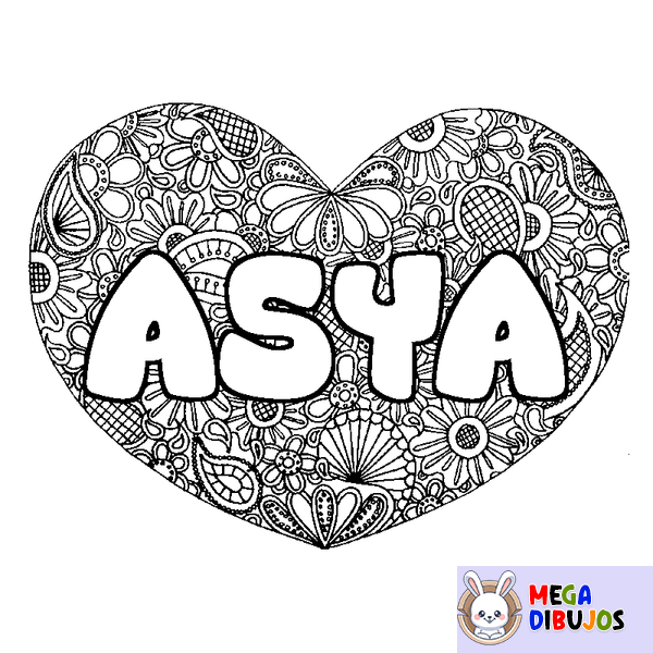 Coloraci&oacute;n del nombre ASYA - decorado mandala de coraz&oacute;n