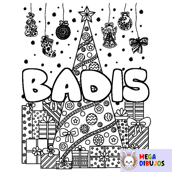 Coloraci&oacute;n del nombre BADIS - decorado &aacute;rbol de Navidad y regalos