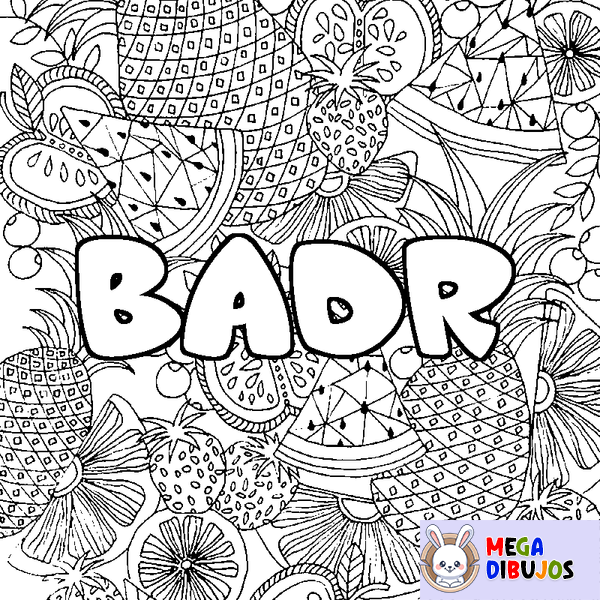 Coloraci&oacute;n del nombre BADR - decorado mandala de frutas