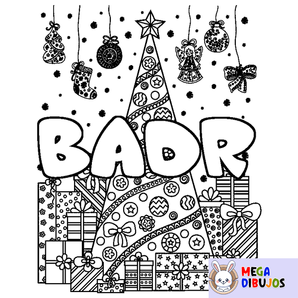 Coloraci&oacute;n del nombre BADR - decorado &aacute;rbol de Navidad y regalos