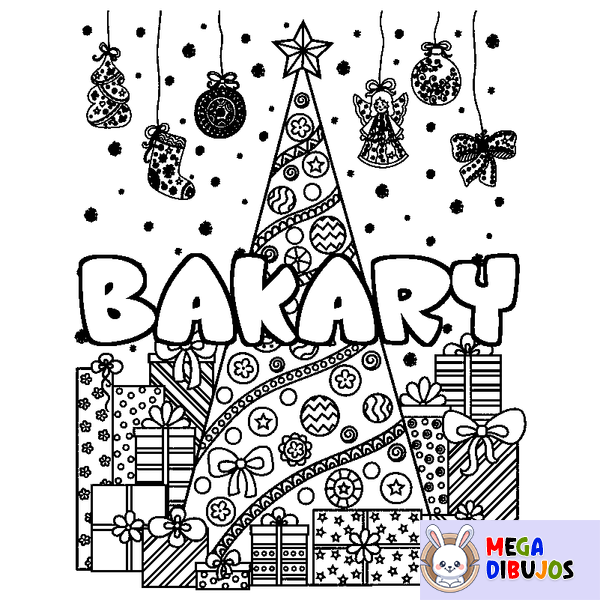 Coloraci&oacute;n del nombre BAKARY - decorado &aacute;rbol de Navidad y regalos