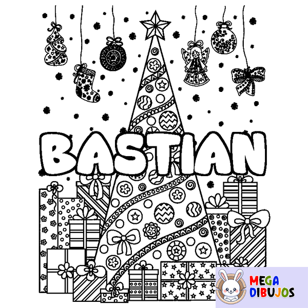 Coloraci&oacute;n del nombre BASTIAN - decorado &aacute;rbol de Navidad y regalos