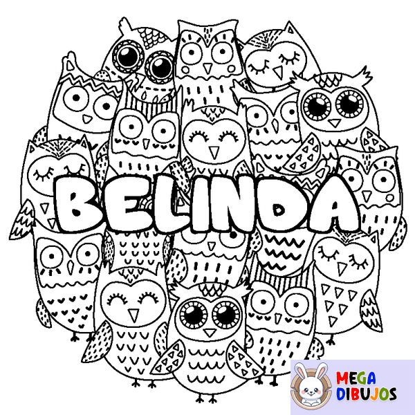 Coloraci&oacute;n del nombre BELINDA - decorado b&uacute;hos