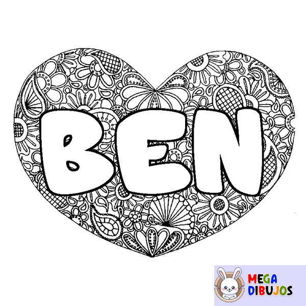 Coloraci&oacute;n del nombre BEN - decorado mandala de coraz&oacute;n
