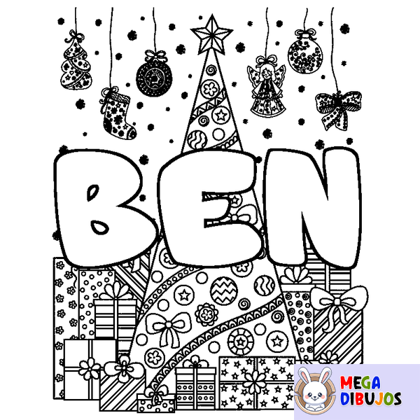 Coloraci&oacute;n del nombre BEN - decorado &aacute;rbol de Navidad y regalos