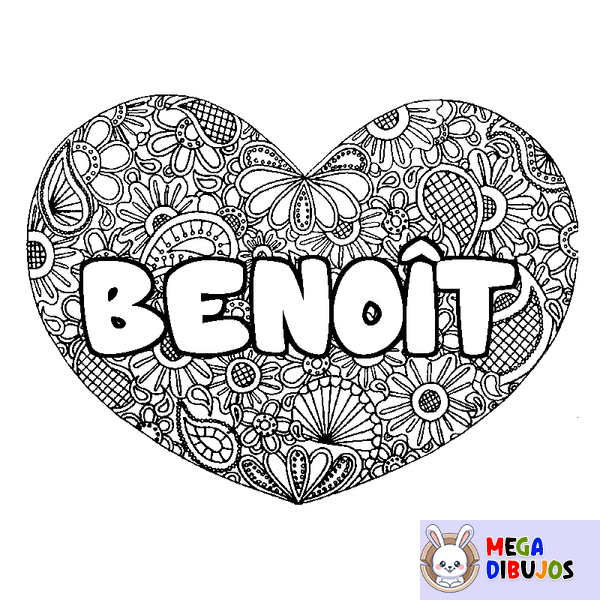 Coloraci&oacute;n del nombre BENO&Icirc;T - decorado mandala de coraz&oacute;n
