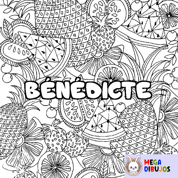 Coloraci&oacute;n del nombre B&Eacute;N&Eacute;DICTE - decorado mandala de frutas