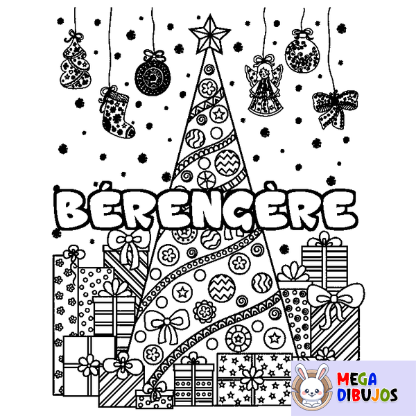 Coloraci&oacute;n del nombre B&Eacute;RENG&Egrave;RE - decorado &aacute;rbol de Navidad y regalos