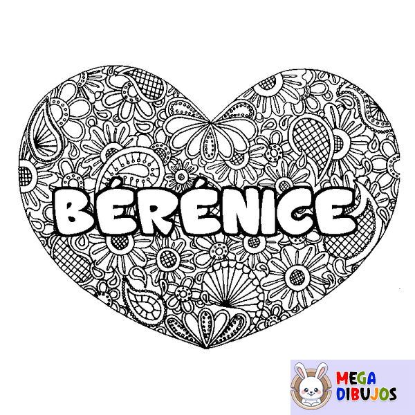 Coloraci&oacute;n del nombre B&Eacute;R&Eacute;NICE - decorado mandala de coraz&oacute;n