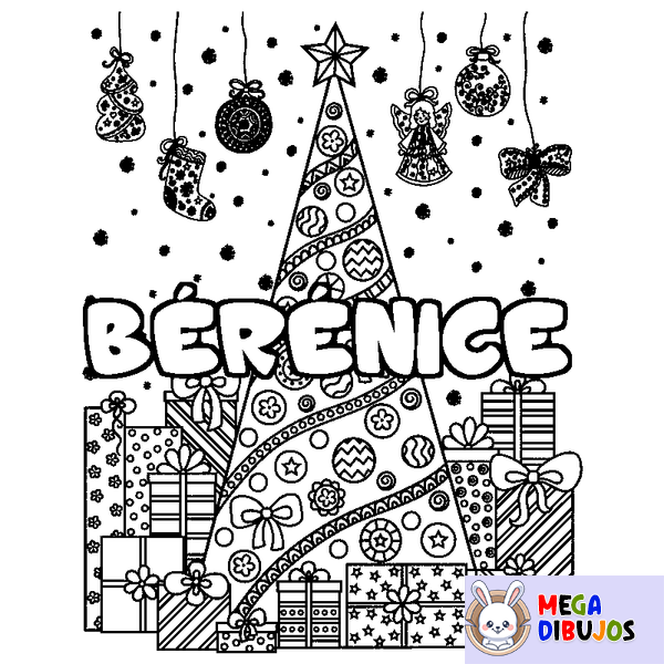 Coloraci&oacute;n del nombre B&Eacute;R&Eacute;NICE - decorado &aacute;rbol de Navidad y regalos