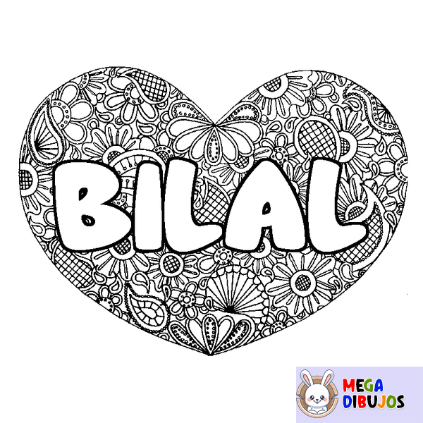 Coloraci&oacute;n del nombre BILAL - decorado mandala de coraz&oacute;n