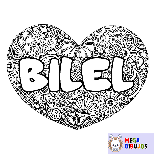 Coloraci&oacute;n del nombre BILEL - decorado mandala de coraz&oacute;n