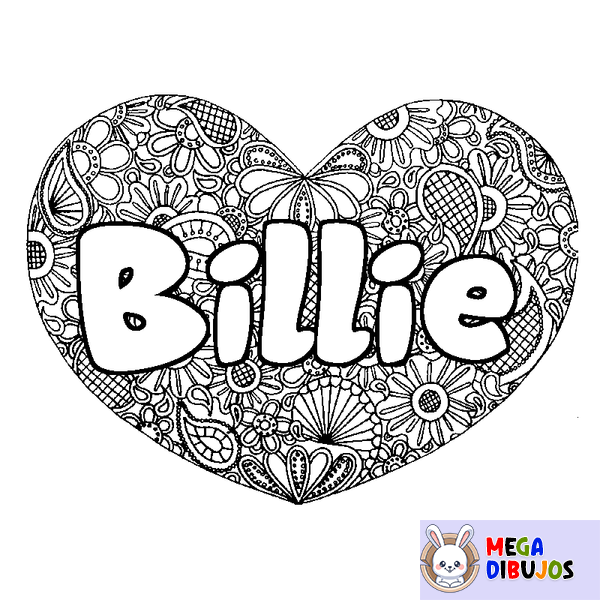 Coloraci&oacute;n del nombre Billie - decorado mandala de coraz&oacute;n